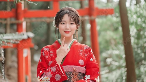 Young Woman in Formal Kimono Posing at Shrine on Coming-of-Age Day.Japanese Woman in Furisode Kimono.Generative AI