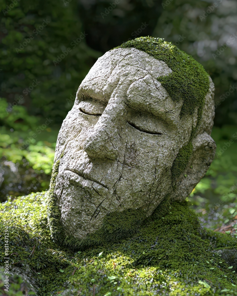 Serene Stone Face Surrounded by Green Moss in Forest Setting Serene Stone Face Surrounded by Green Moss in Forest Setting