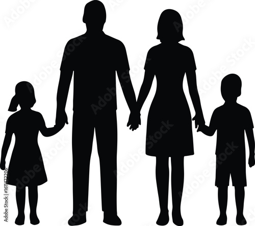 Black silhouette of a family of four holding hands people father