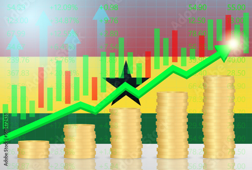 Ghana Economy. Flag of Ghana with Rising Financial Graph. Economic Growth and Development Concept. Vector Illustration.  