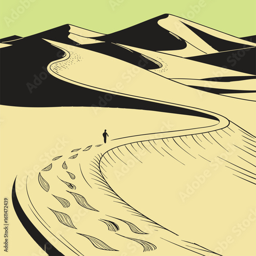 Abstract desert dunes with flowing contour lines and silhouette