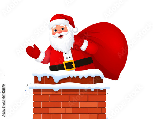 Santa Claus Coming Out of a Chimney with Sack