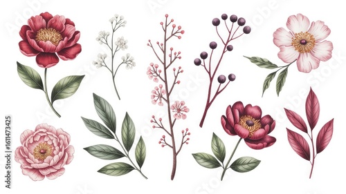 Botanical floral elements with leaves and berries image