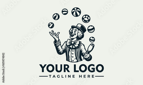 Vintage style logo featuring a jovial clown juggling balls and clubs.