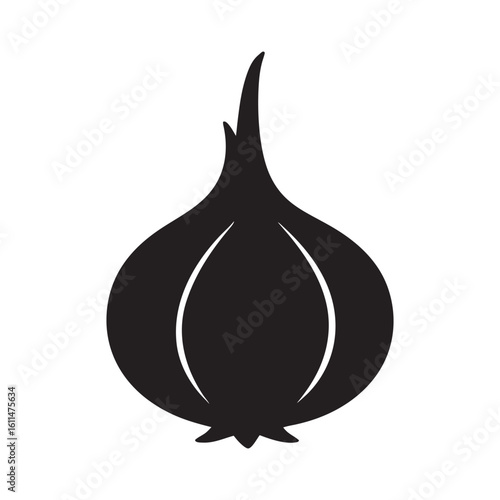 Black silhouette of an onion with a white outline black and white