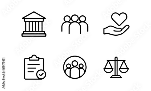 Government and society icon set: community, welfare, public service, equality symbols