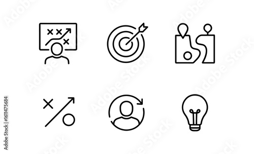 Minimalist business icons for strategy, goal setting, and innovative methods