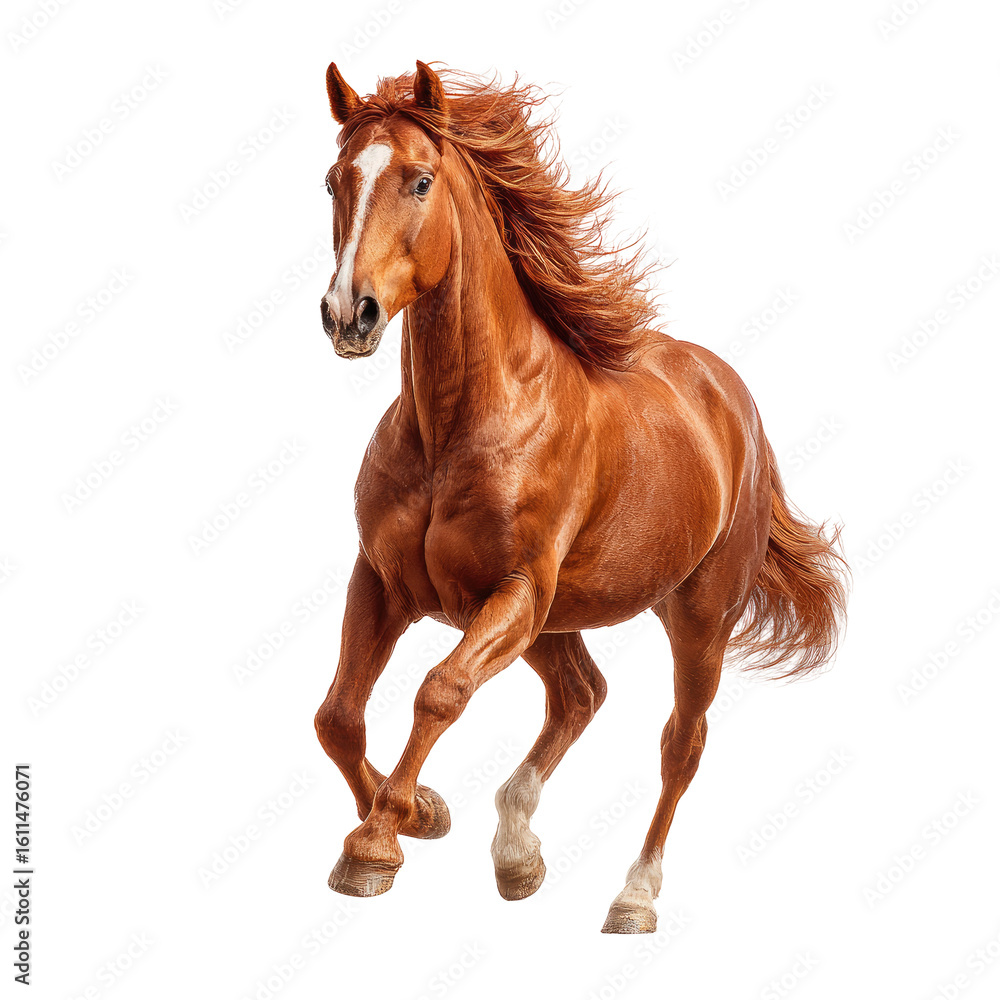 Obraz premium Full shot of a powerful chestnut horse in a running pose against a black background. The horse's mane and tail are flowing, showcasing its strength and speed