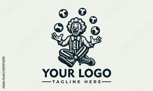 Cartoon clown sits cross-legged juggling five balls, with text "YOUR LOGO" and "TAGLINE HERE" below.