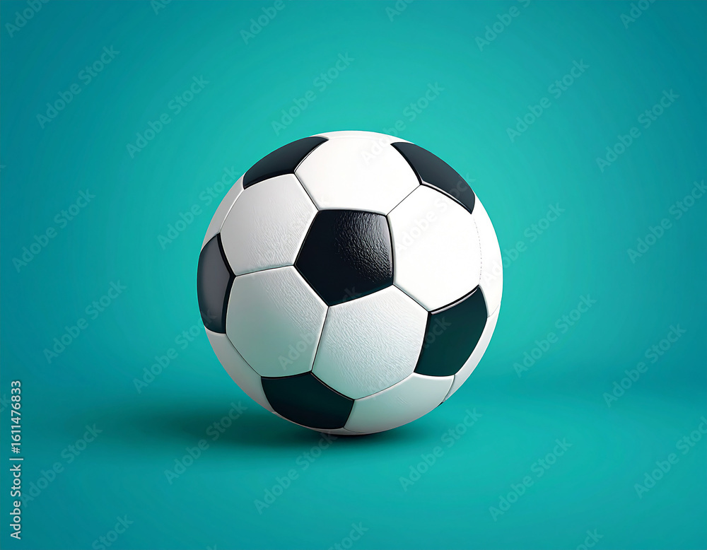Naklejka premium A soccer ball, black and white panels, sits on a teal background.