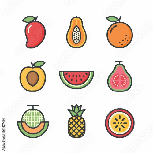 Vector Set of Fruits Rich in Vitamin A – Mango, Papaya, Watermelon