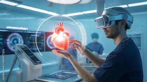 Doctor Using Virtual Reality for Cardiovascular Visualization in Advanced Medical Facility