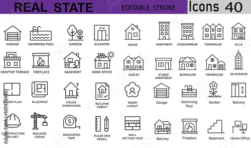 Collection of real estate icons featuring various buildings and property related symbols for online use