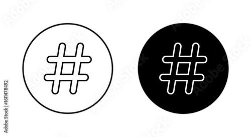 Outline hashtag icon in black circle. Social media keyword symbol
