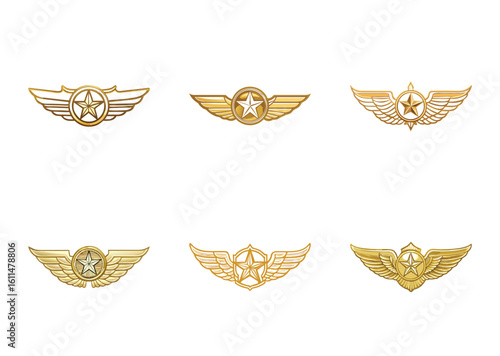 Collection of golden pilot wings badges with star emblem on white background