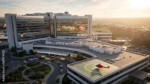 Modern Hospital Complex with Helipad and Helicopter at Sunset in Urban Setting