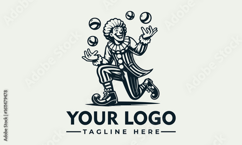 A joyful vintage-style clown logo, skillfully juggling balls while running,  presents a playful and energetic brand identity.