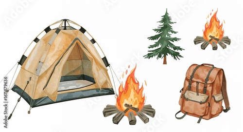 Watercolor camping gear illustration set with tent fire and backpack on plain white background