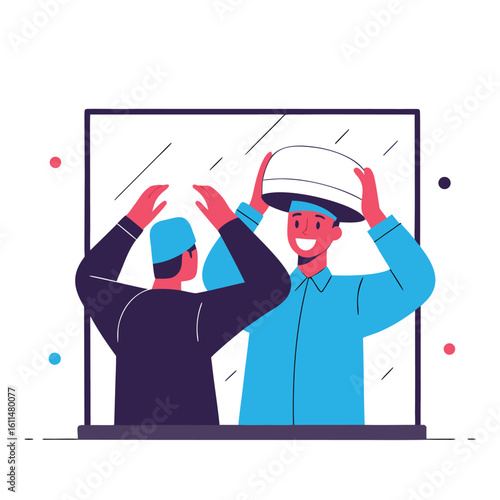 Two men in traditional islamic attire are looking in a mirror one adjusting his kufi and the other holding a white hat