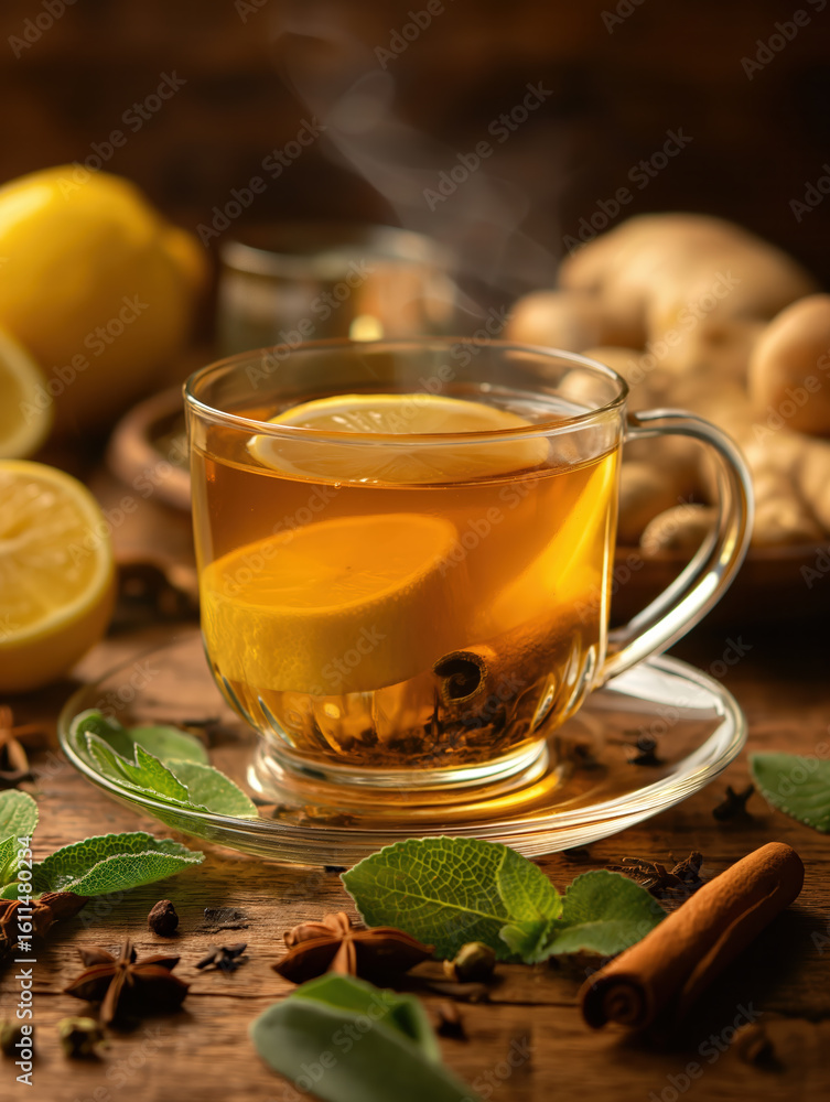 Steaming herbal tea with lemon, ginger, and Indian spices on rustic dark background
Steaming herbal tea with lemon, ginger, and Indian spices on rustic dark background