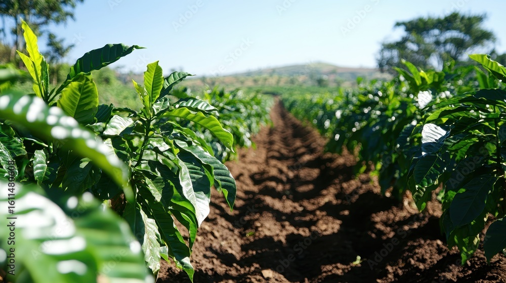 Rows of young coffee plants on a farm with rich brown soil and blue sky. Show the origins of coffee, rural life, or sustainable agriculture. Rows of young coffee plants on a farm with rich brown soil and blue sky. Show the origins of coffee, rural life, or sustainable agriculture.