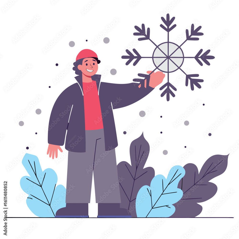Joyful person in winter attire holding a large snowflake amidst falling snow and stylized foliage Joyful person in winter attire holding a large snowflake amidst falling snow and stylized foliage