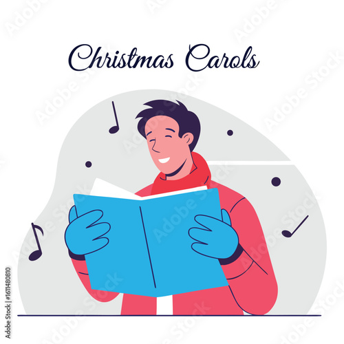 Joyful man singing christmas carols from a book surrounded by musical notes and festive holiday spirit