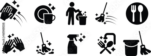 Cleaning icon set, black vector group of hygiene, dishwashing, sanitizing and housekeeping tools in flat style, cleaning equipment collection, disinfect, mop, wipe symbols