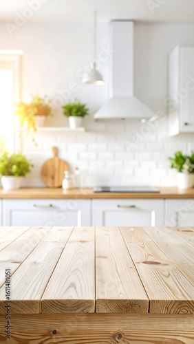 Blurred, modern kitchen with wooden table