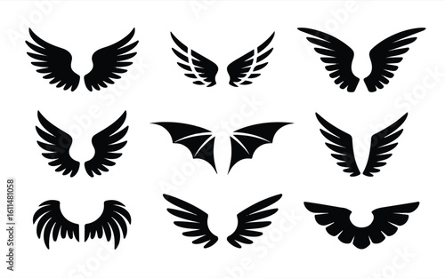 Various wing silhouette vector set with angel, demon and bird wings for logo or tattoo design.