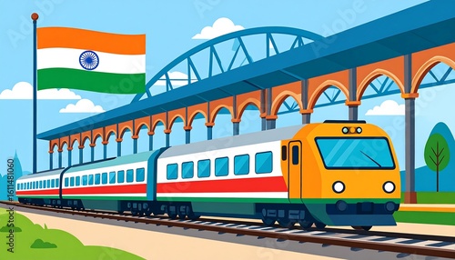 Colorful illustration of a train at a station with an Indian flag