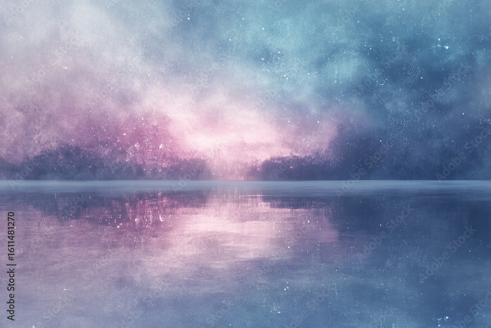 Obraz premium Serene nightscape with pastel sky reflecting on a calm lake, creating a dreamy atmosphere.