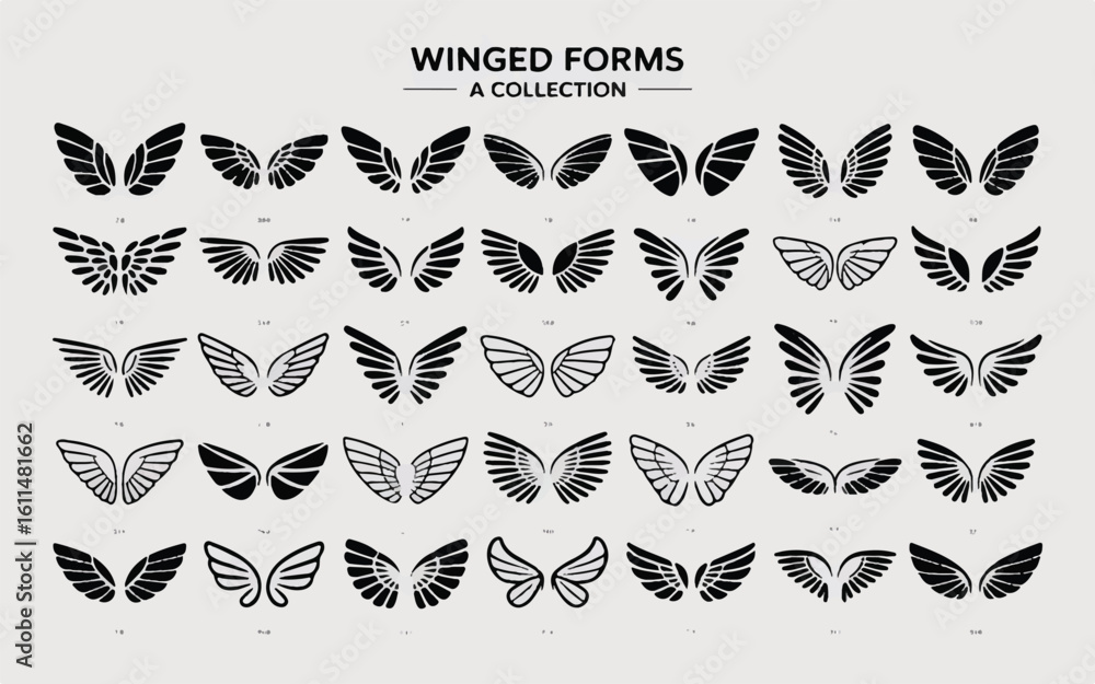 Fototapeta premium A diverse vector collection of artistic wing icons for fantasy logos, emblems, and creative branding.
