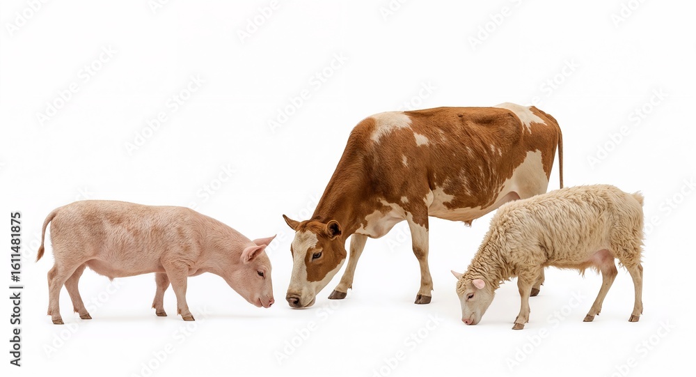 Obraz premium Farm animals including cow pig goat and sheep grazing on plain white background