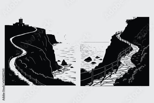 Cliffside path over ocean image silhouette design vector art and illustration