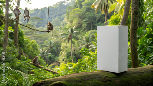 Cereal box mockup in jungle scene with monkeys