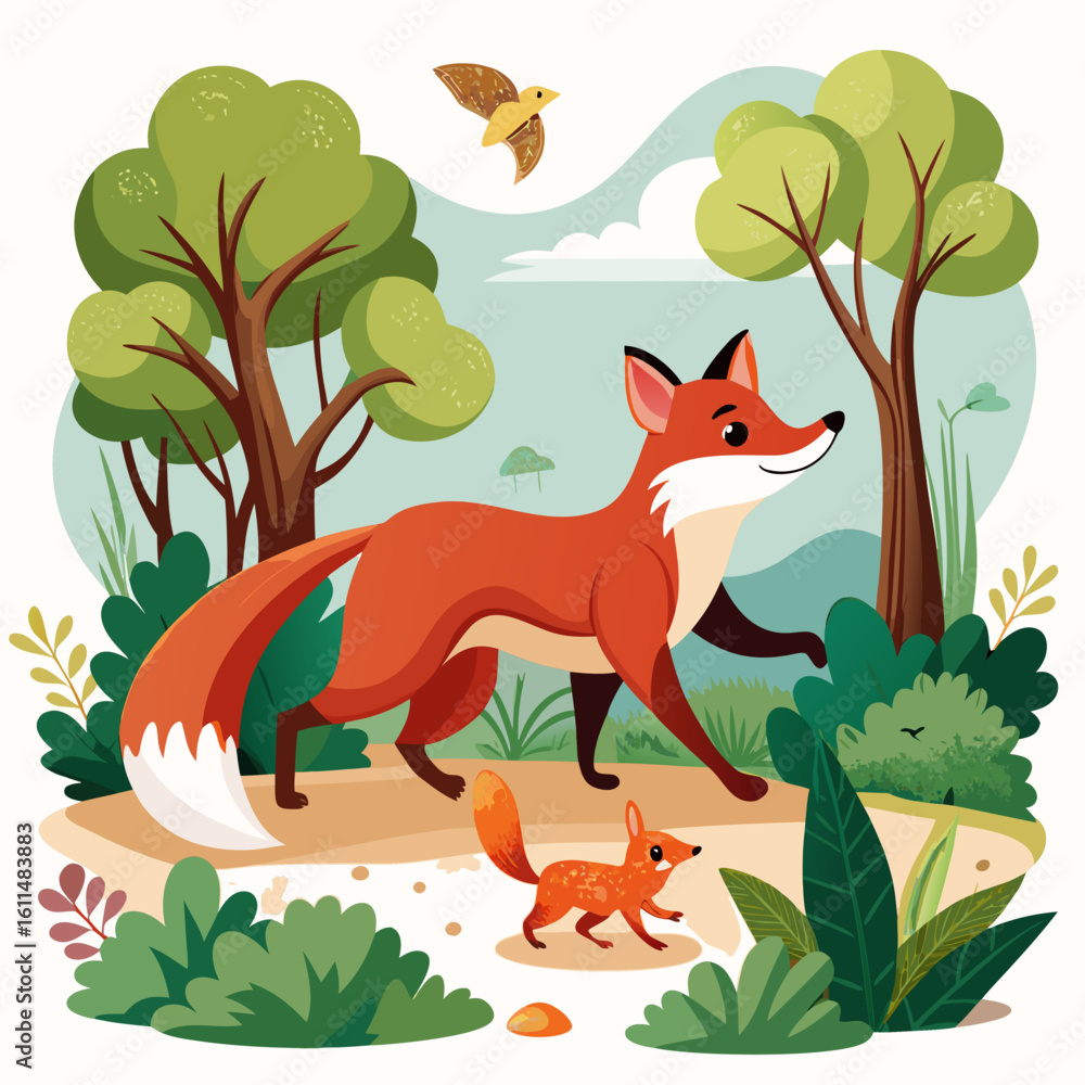Obraz premium Happy Fox and Kit in Springtime Forest: Cartoon Illustration, Cheerful, Playful Mood