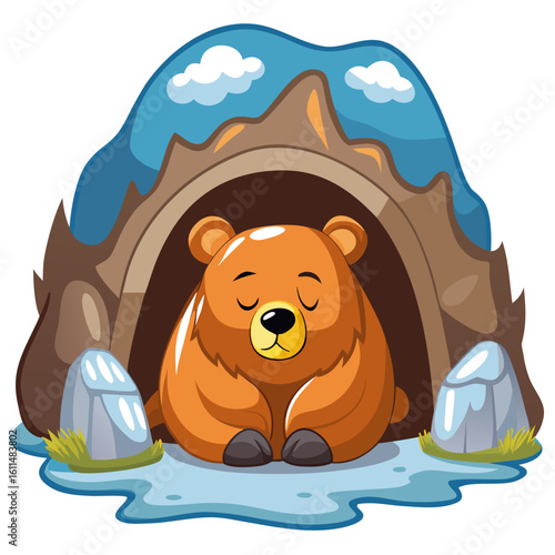 Adorable Cartoon Bear Sleeping Peacefully in Cozy Cave Den, Childlike Style Illustration