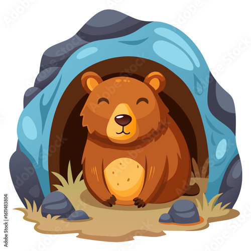 Adorable Cartoon Bear Cub Resting in Cozy Cave Den, Happy Peaceful Mood, Childrens Illustration Style