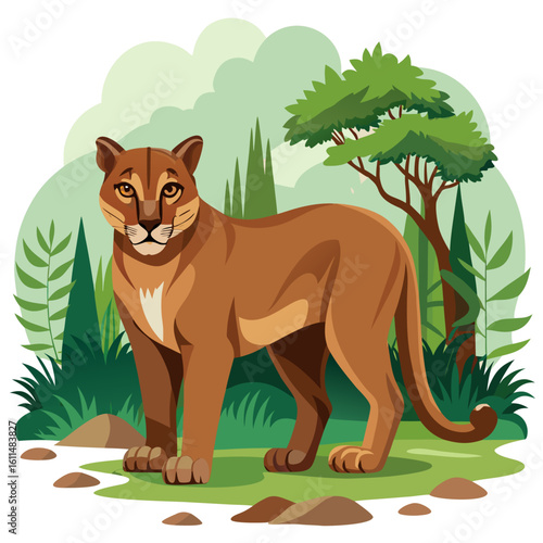 Serene Cougar in Lush Tropical Forest; Vibrant Cartoon Style Illustration