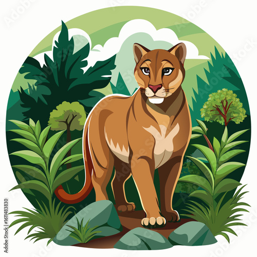 Majestic Cougar in Lush Rainforest; Vibrant, Illustrated Style; Serene Mood