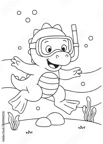 Coloring book  dinosaur swimming underwater with goggles.