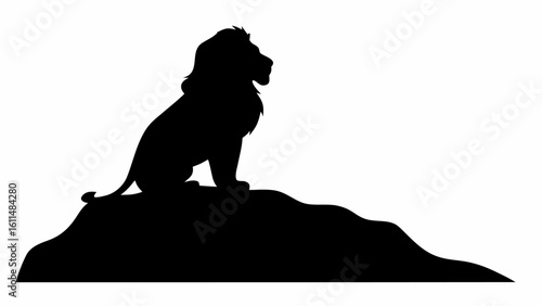 Silhouette of a majestic lion sitting atop a rocky outcrop against a stark white background looking proud