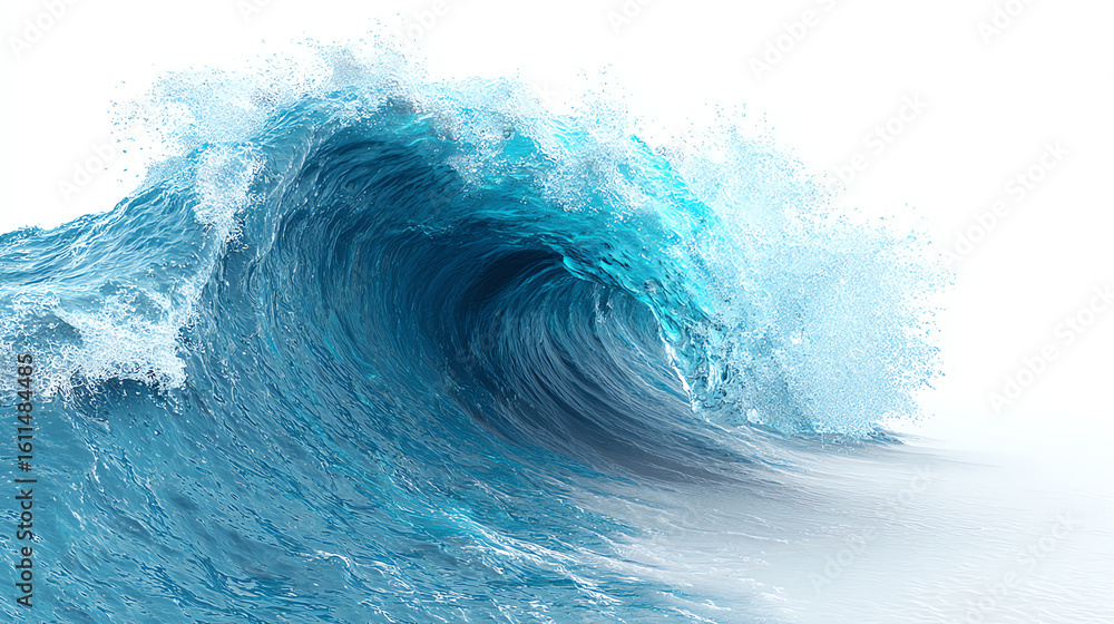 Fototapeta premium A powerful blue ocean wave curls and crashes, creating white splashes and foam against a bright, white background