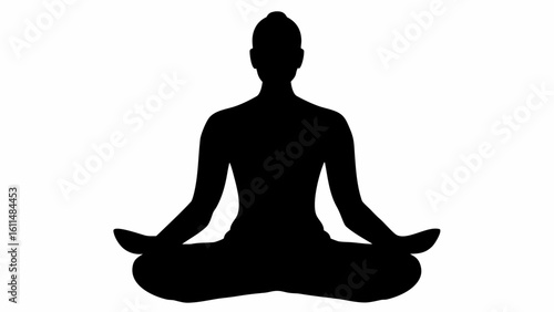 Silhouette of a person in lotus position meditating with hands resting on knees against a white background