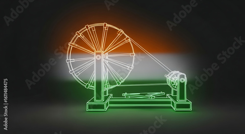 A stylized, glowing outline of a Charkha (spinning wheel) is featured against a blurred Indian flag backdrop, symbolizing Indian heritage.