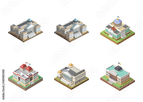 Collection of Isometric Governmental Buildings Depicted on White Background, Perfect for Game Assets