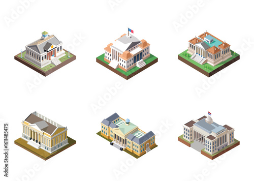 Isometric vector illustration set of historical and governmental buildings architecture