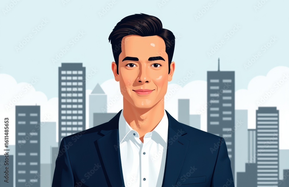 Fototapeta premium Confident young businessman in formal suit standing against city skyline background