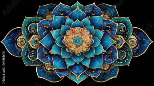 Vibrant Floral Mandala Design with Rich Blue and Gold Details